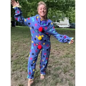 Vintage handmade blue Polkadot clown suit with pom detail on front MEDIUM?